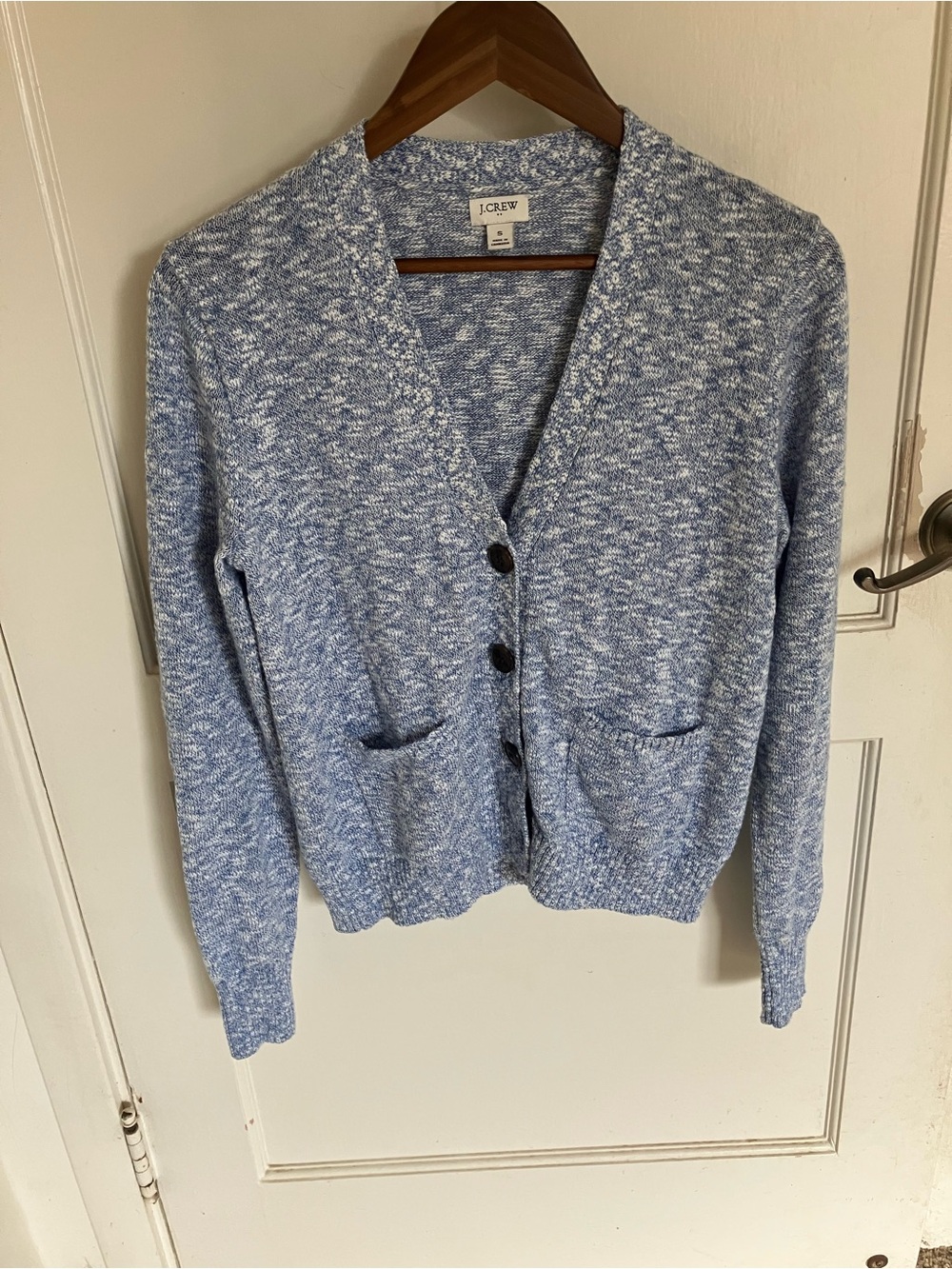 J. Crew Speckled Light Blue V-Neck Button Beach Cardigan